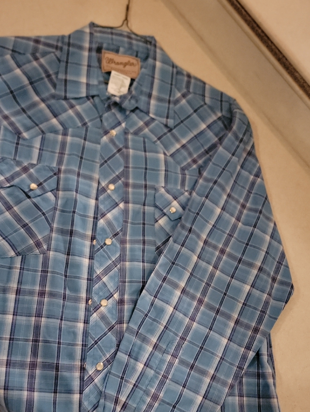 Wrangler Light Blue Plaid Western Pearl Snsp Shirt Large
